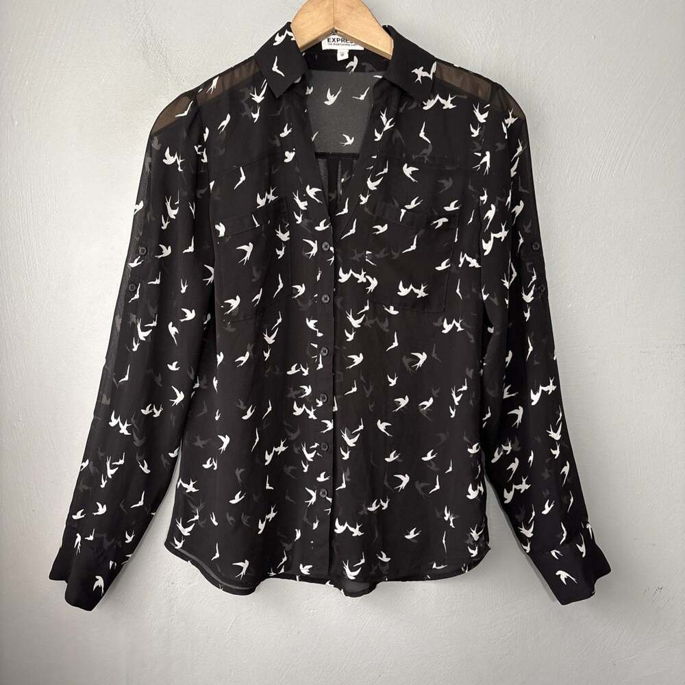 Express Portofino Shirt Size XS Black White Sheer Bird Print Career Whimsigoth